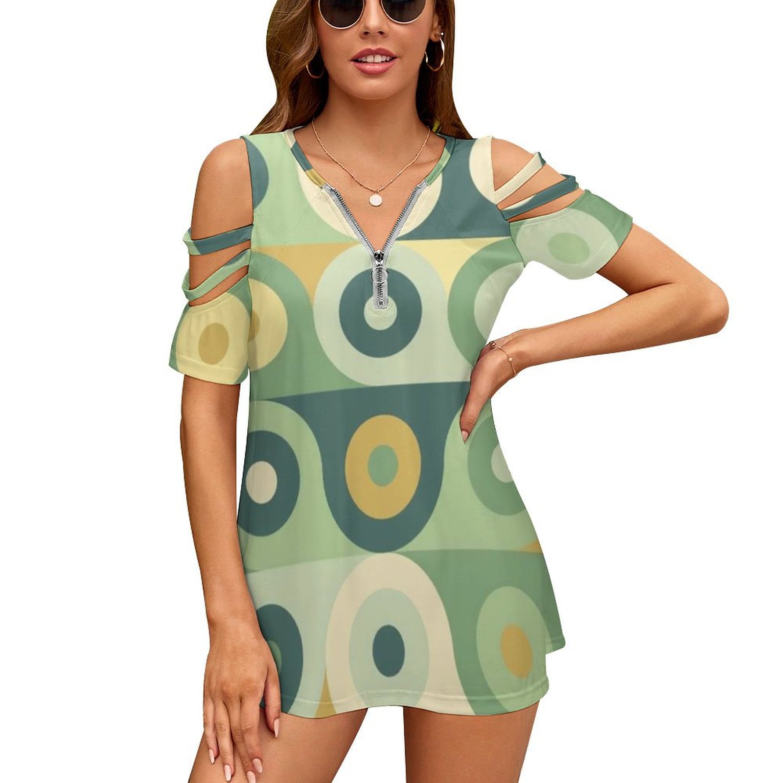Women'S Fashion Of The 70S - Groovy 70 รูปแบบผู้หญิงซิปรูปแบบต่างๆพิมพ์ T เสื้อ Tops