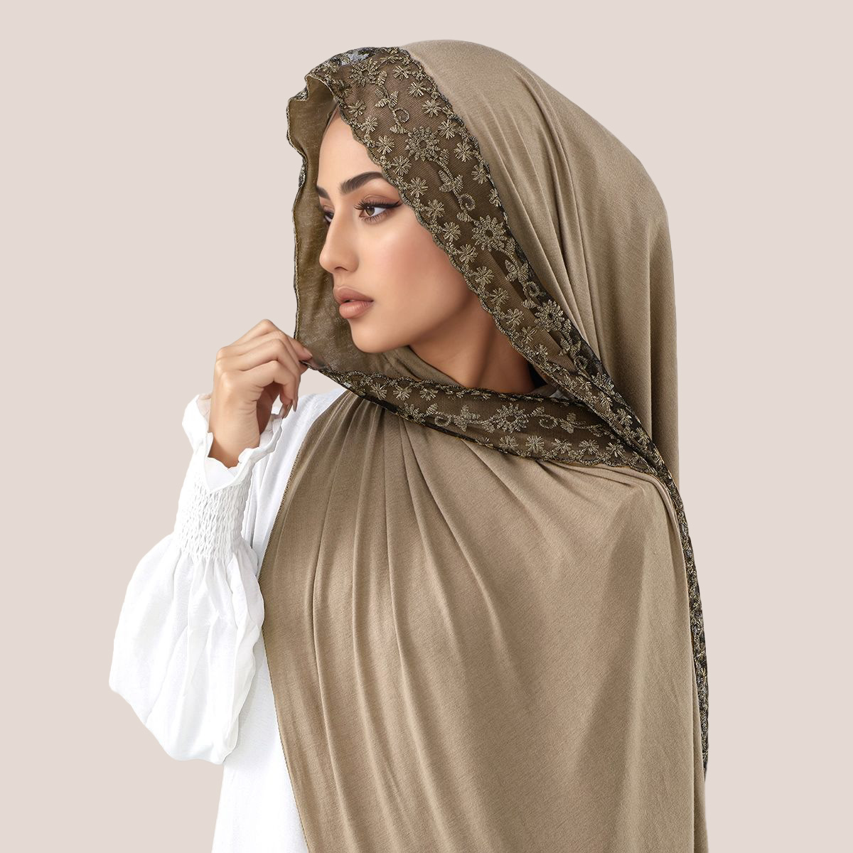 Women'S Fashion Jersey - ผ้าคลุมศีรษะมุสลิมแบบยาว ผ้าฝ้ายเจอร์ซีย์ปักลายลูกไม้ ผ้าพันคอ ผ้าคลุมศีรษะ ผ้าโพกหัว ผ้าคาดผมสำหรับวันอีด