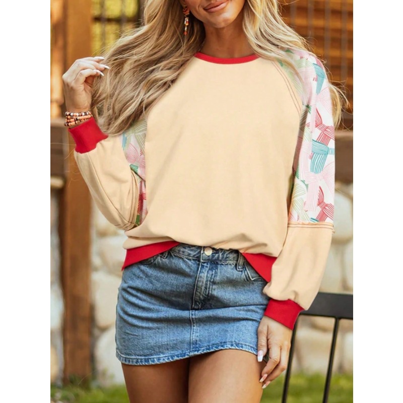 Women'S Fashion Hoodies - พลัสขนาด 1XL-5XL ผู้หญิงแฟชั่นคอกลมพิมพ์เย็บปะติดปะต่อกันลําลองเสื้อแขนยาว