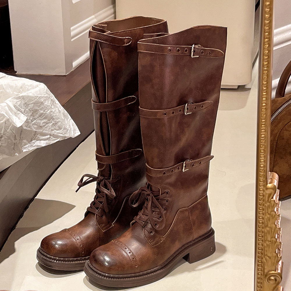 Women'S Fashion Knee High Boots - รองเท้าบูทสูงถึงเข่าสำหรับผู้หญิง ดีไซน์หัวเข็มขัดแบบวินเทจ รองเท้าบูทแฟชั่นสไตล์นักรบ รองเท้าบูทหนังทรงยาว รองเท้าบูทยาวสำหรับผู้หญิง