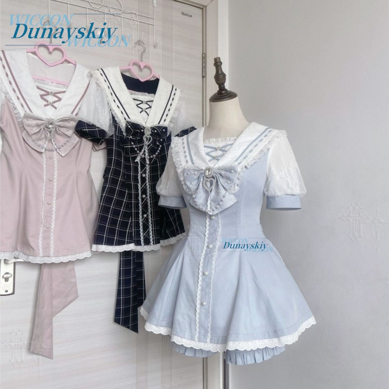 Sleeveless Jumpsuit - ชุดเดรสคอปกกะลาสี แต่งลูกไม้ โบว์ แขนสั้น สไตล์ญี่ปุ่นแท้ จิไร