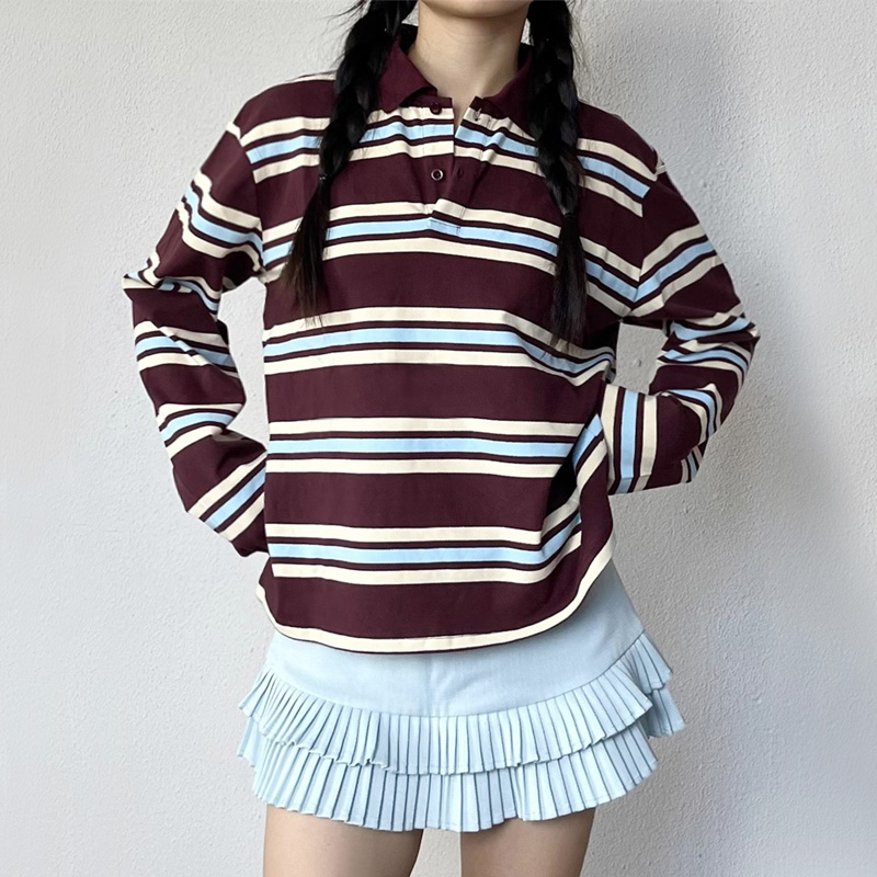 Women'S Fashion Rugby Top - เสื้อโปโลรักบี้ลายทางผู้หญิง แขนยาว ผ้าคอตตอนผสม สไตล์ลำลอง แฟชั่น มีหลายสี