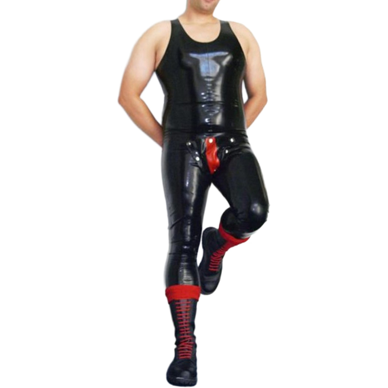 Sleeveless Jumpsuit - สีดําและสีแดงเซ็กซี่ Latex เสื้อกั๊ก Catsuit กับ Codpiece