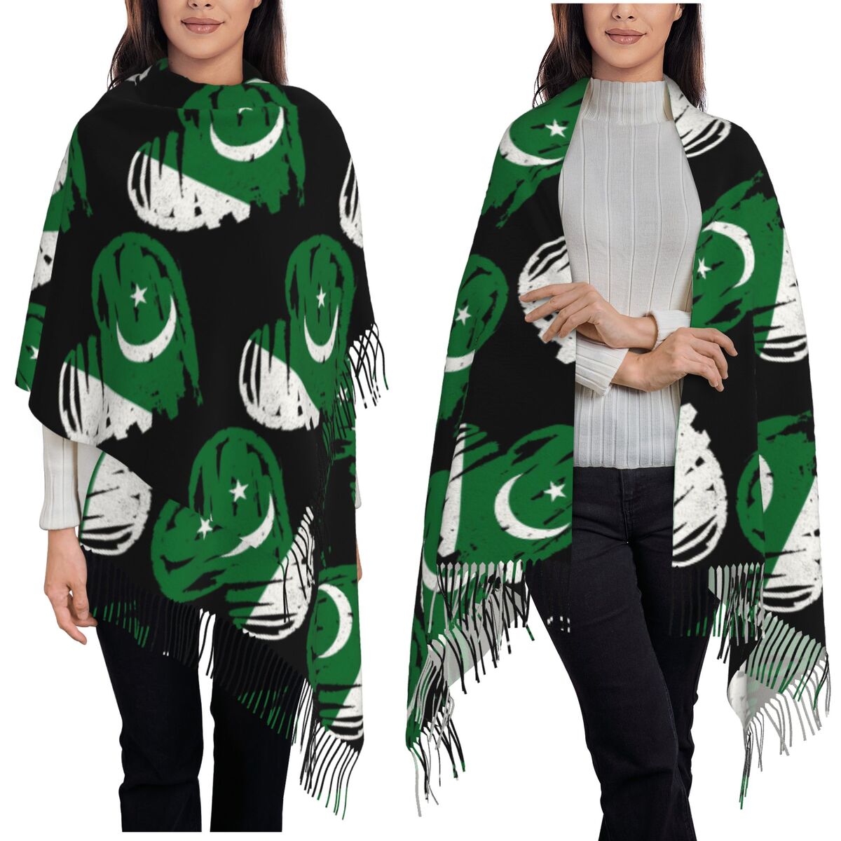 Women Fashion Pakistan - ผ้าพันคอธงชาติปากีสถาน ผ้าพันคอพู่ห้อยสำหรับผู้หญิง ผ้าคลุมไหล่เนื้อนุ่ม อุ่นสบาย ผ้าคลุมไหล่ยาวสำหรับฤดูใบไม้ร่วงและฤดูหนาว
