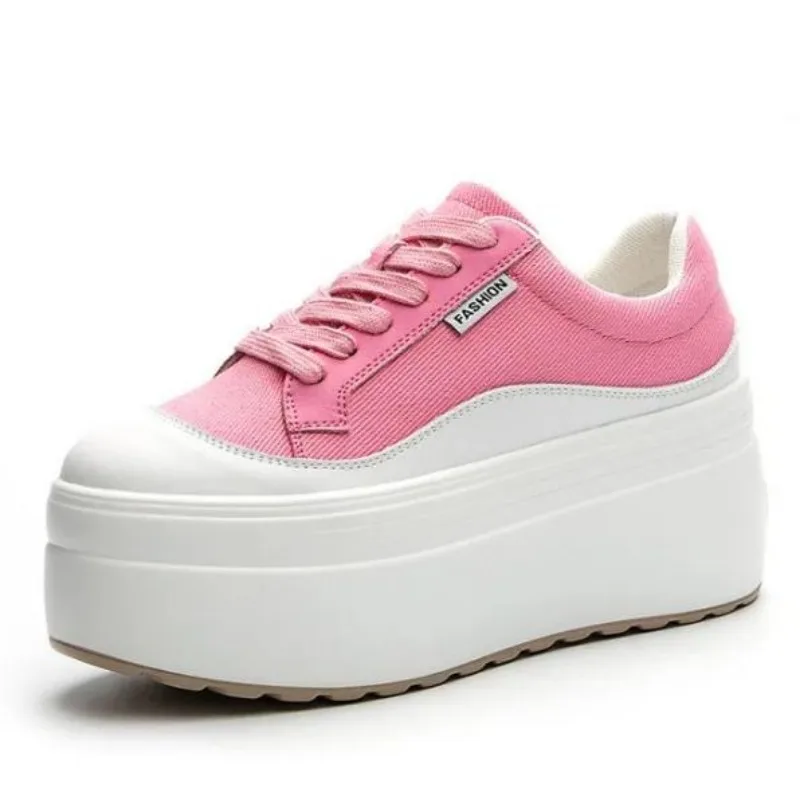 Sneakers Fashion Women - 8 ซม.ใหม่ผ้าใบของแท้หนังผู้หญิงสีชมพูแฟชั่นรองเท้าผ้าใบแพลตฟอร์มรองเท้า WEDGE ส้นสุภาพสตรีฤดูร้อนผสมสี Vulcanize