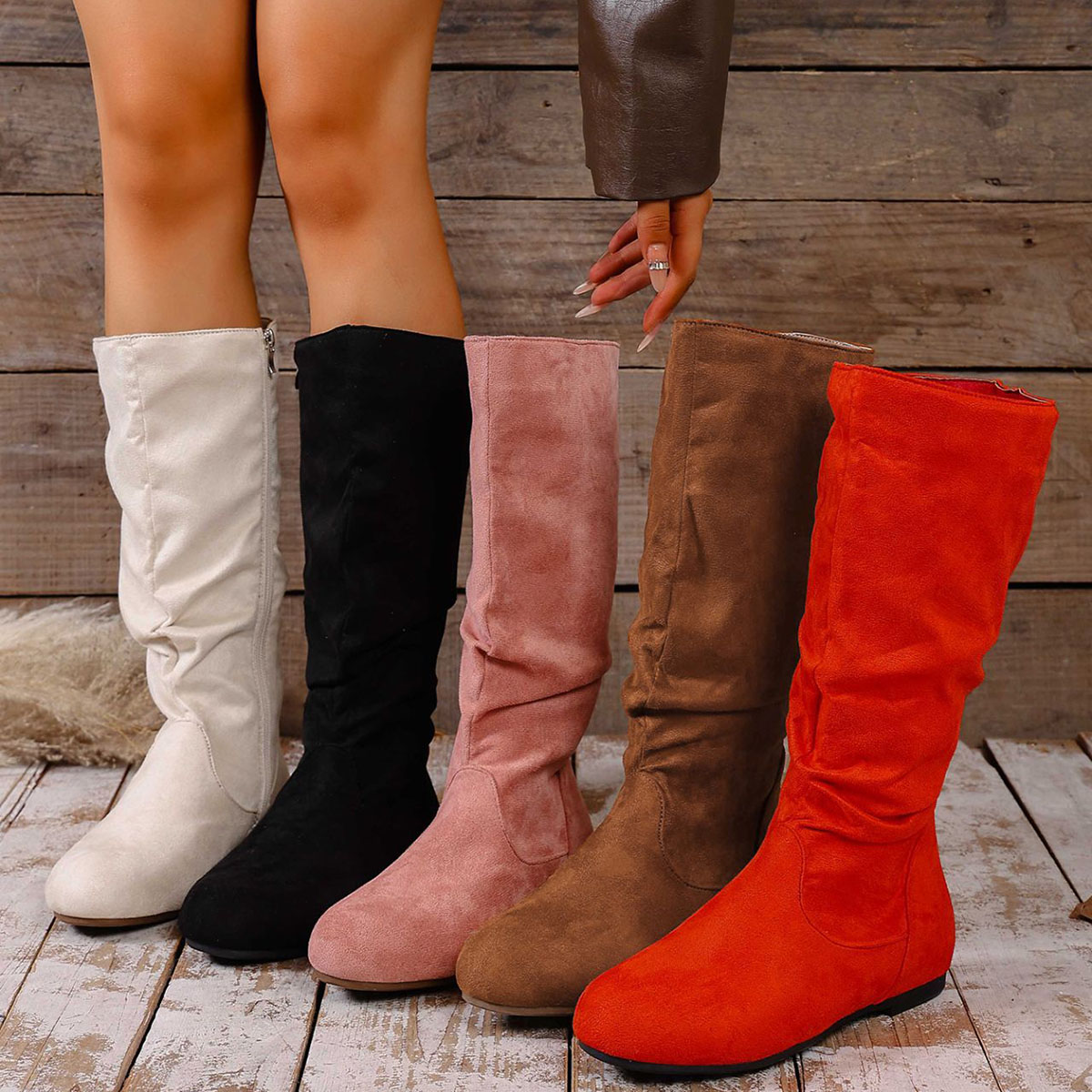 Women'S Fashion Knee High Boots - รองเท้าบูทมอเตอร์ไซค์ลำลองแบบสวม รุ่นใหม่ปี 2026 หัวมน หนังกลับ กันลื่น