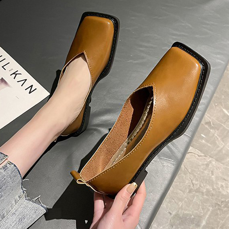 Sneakers Fashion Women - รองเท้าส้นเตี้ยสไตล์โรมันสำหรับผู้หญิง รองเท้าส้นแบนหัวเหลี่ยม รองเท้าลำลองสำหรับฤดูใบไม้ร่วง ดีไซน์เรโทร ปากตื้น วัสดุ