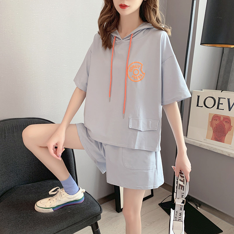 Women'S Fashion Hoodies - ฤดูร้อนใหม่สบายๆสไตล์เกาหลีเสื้อฮู้ดแขนสั้นเสื้อยืดกีฬากางเกงขาสั้นชุดผู้หญิงแฟชั่นชุดนักเรียนสองชิ้น
