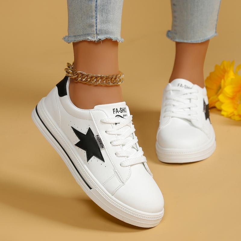 Sneakers Fashion Women - แฟชั่น Spliced Star ตกแต่งลื่นรองเท้าสเก็ตบอร์ดผู้หญิง 2025 ฤดูใบไม้ร่วงนุ่มส้นแบน