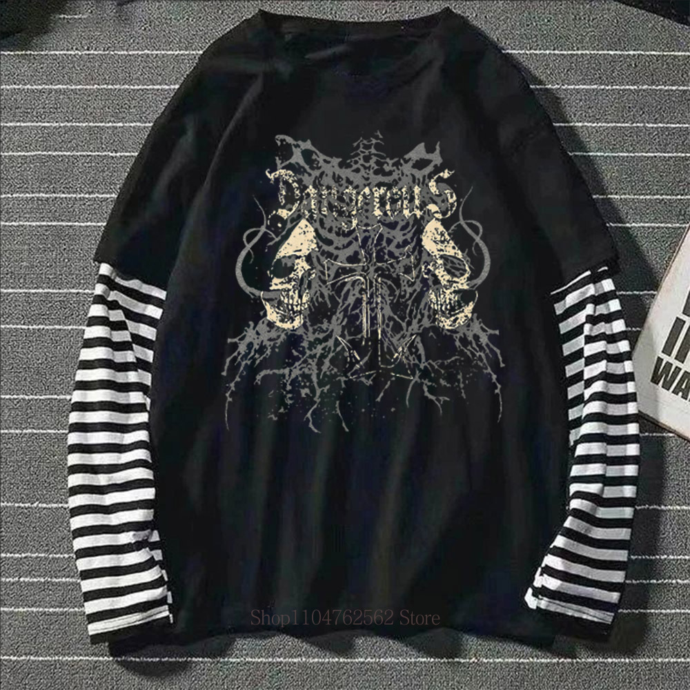 Women'S Fashion Jersey - เสื้อยืดแขนยาวลายกราฟิกกะโหลกผู้หญิงสไตล์ Y2K แฟชั่นโกธิคเรโทรลำลองทรงหลวมแบบสองชิ้นในตัว