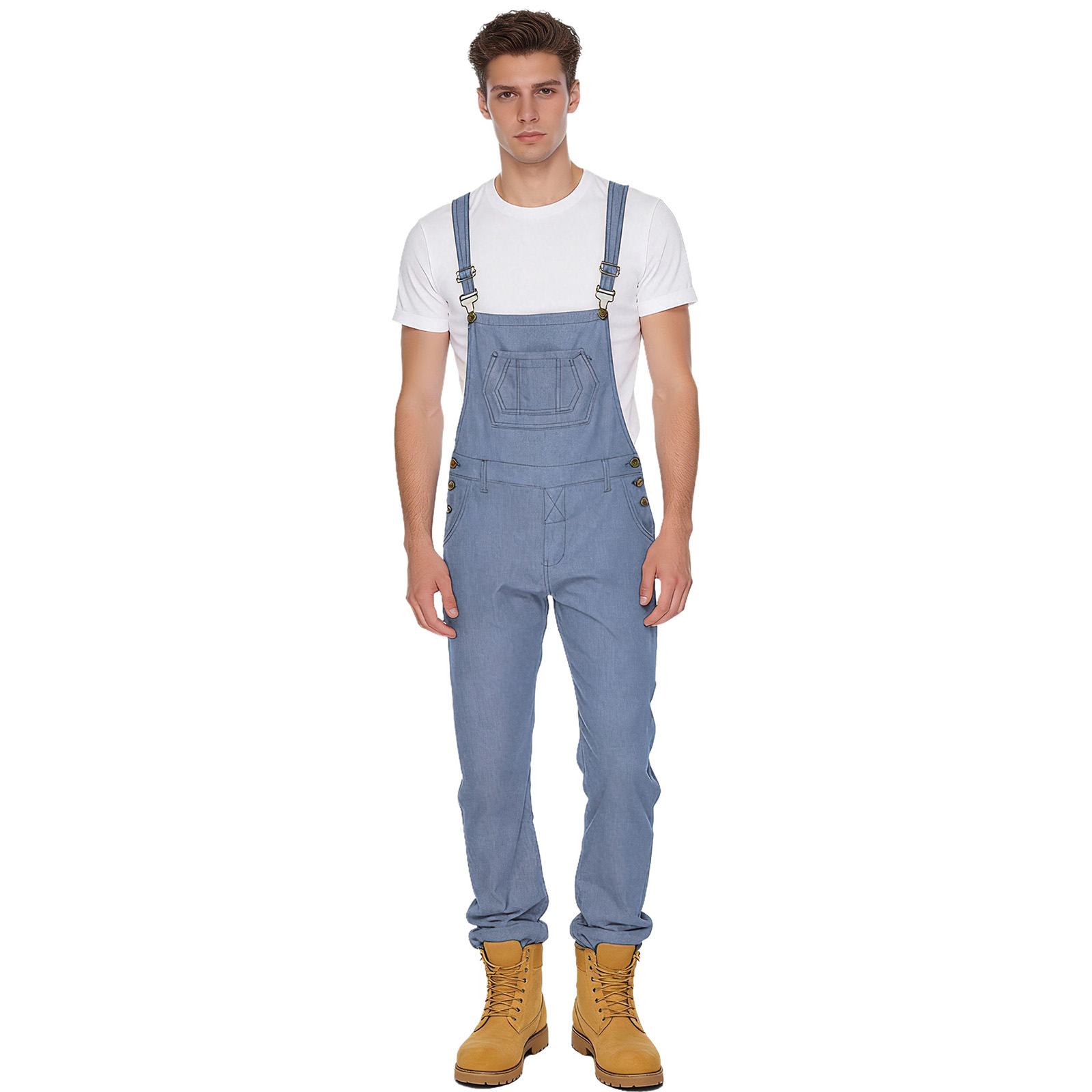 Sleeveless Jumpsuit - ชุดจั๊มสูทเดนิมลำลองสำหรับผู้ชาย สายรัดไหล่กว้างปรับได้ แขนกุด กระดุมเอว มีกระเป๋าหลายช่อง