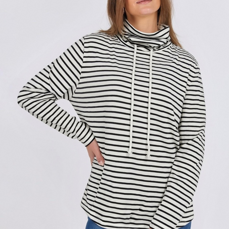Women'S Fashion Hoodies - เสื้อสเวตเชิ้ตแฟชั่นลำลองสำหรับผู้หญิงไซส์ใหญ่ ลายทางขาวดำ คอสูง มีเชือกผูก แขนยาว ทรงหลวม