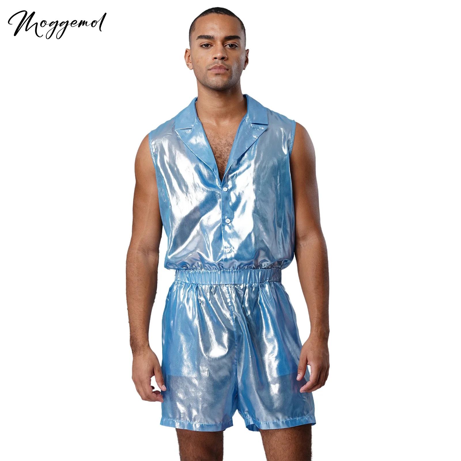 Mens Sheer Shiny Metallic ชีฟอ - Sleeveless Jumpsuit บทวิจารณ์และราคา